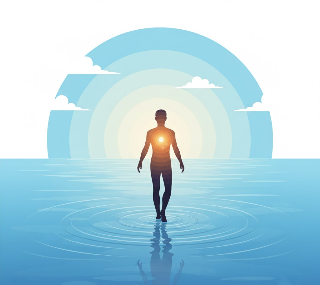 Flat abstract illustration of a figure with a glowing center walking across water ripples, representing the concept of Intentional living.