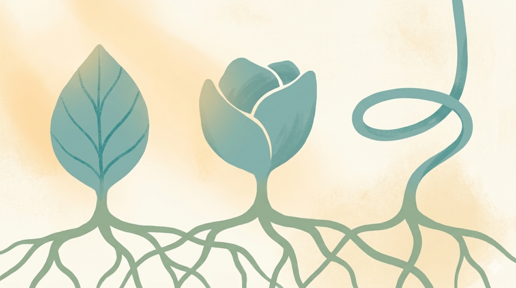 A minimalist 16:9 editorial illustration featuring three muted teal botanical forms—an open leaf, an inward-curving flower, and a looping stem—sharing a common root system to symbolize different frameworks of mindfulness practices, set against a warm amber and cream background.