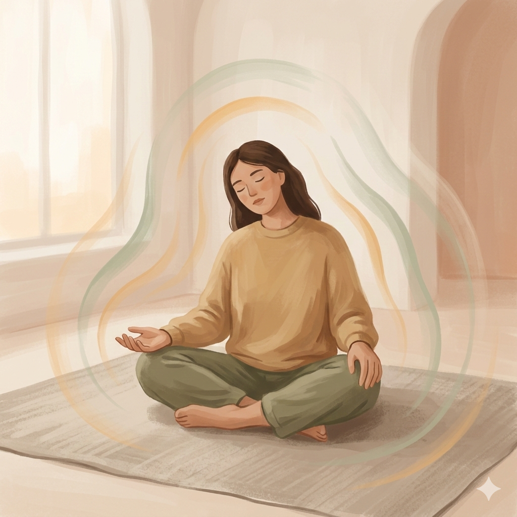 A peaceful, painterly illustration of a person sitting in meditation, embodying mindful practices to maintain inner calm and self-awareness.