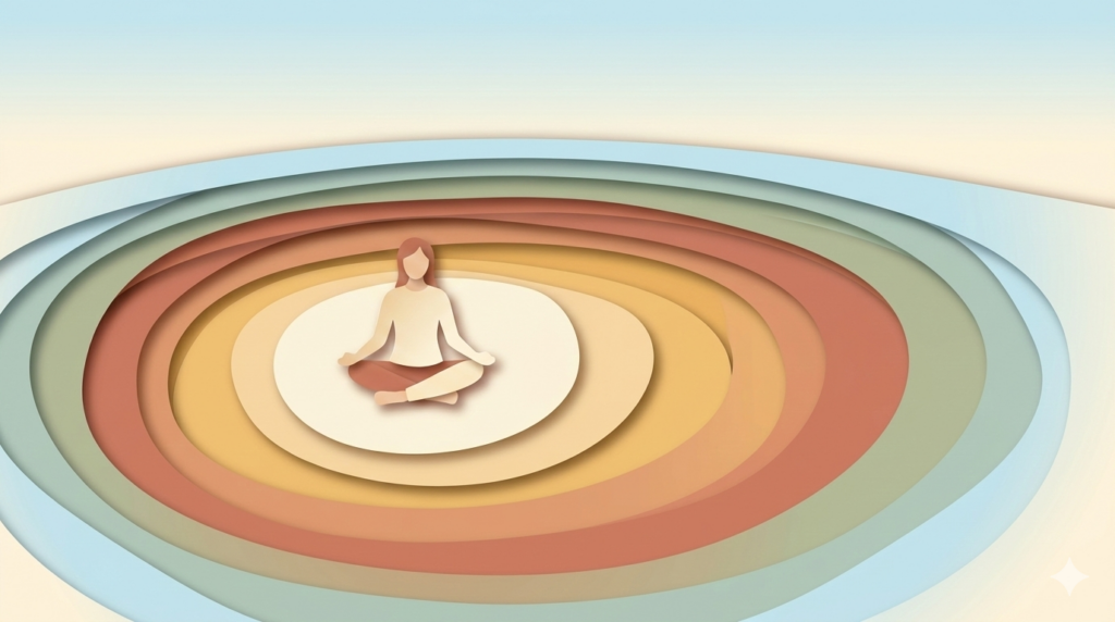 A painterly 16:9 illustration of a person sitting in quiet reflection, surrounded by radiating concentric rings of soft amber and sage that represent the expanding awareness of mindful practices.