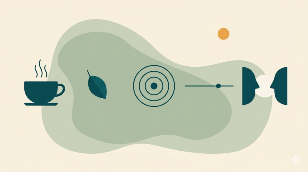A minimalist 16:9 editorial illustration showcasing five teal icons—a steaming cup, a leaf, concentric circles, a breathing anchor, and listening profiles—representing various mindfulness practices against a soft sage and cream backdrop.
