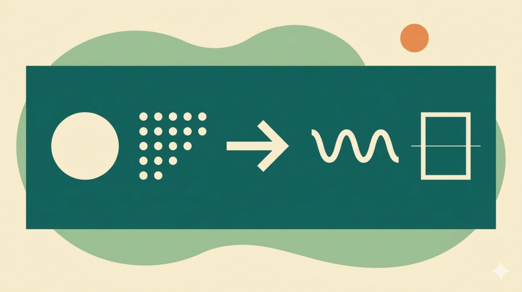 A minimalist 16:9 editorial illustration featuring five cream geometric icons on a deep teal panel, representing different mindfulness practices such as breathing, sensory awareness, and journaling, set against sage green organic shapes and a cream background.