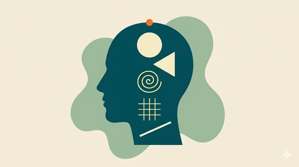 A Renaissance-style profile with a transparent, amber-lit interior depicting mindfulness practices. Minimal symbols float within the head against a painterly ochre and teal backdrop, symbolizing mental clarity