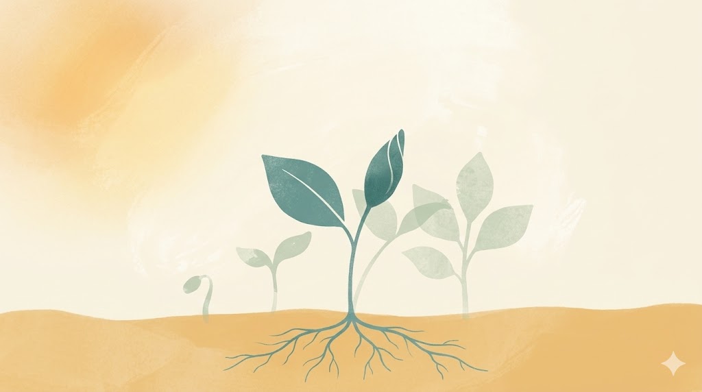 A minimalist, illustrative visualization of a growing plant and its potential. A central, rooted teal plant is supported by ghosted impressions of its smaller beginnings and future larger forms, symbolizing the gradual progress and balanced growth fostered by mindfulness practices.