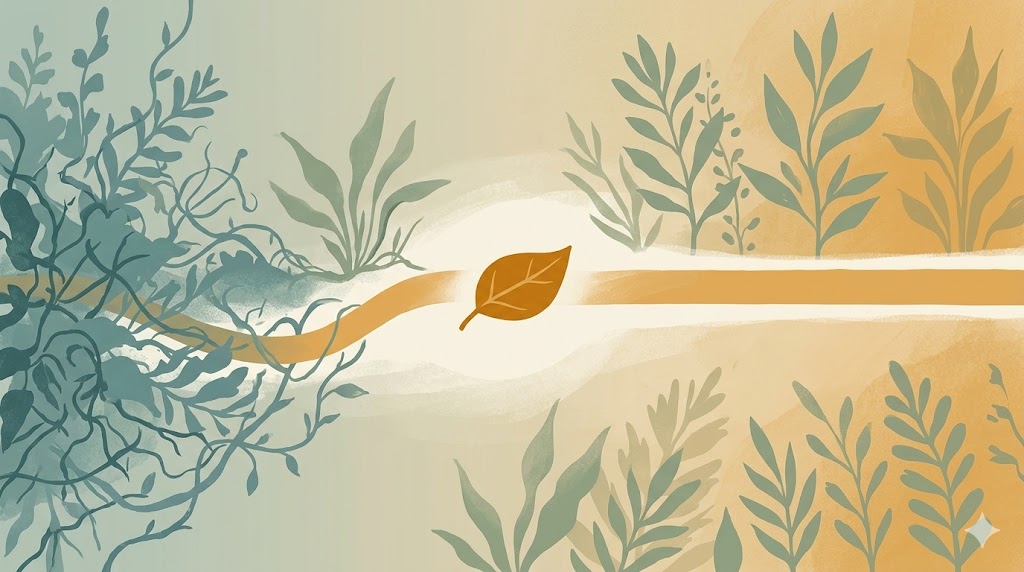 Abstract illustration of intentional living as a deliberate path chosen over default, flat botanical design in teal and ochre.