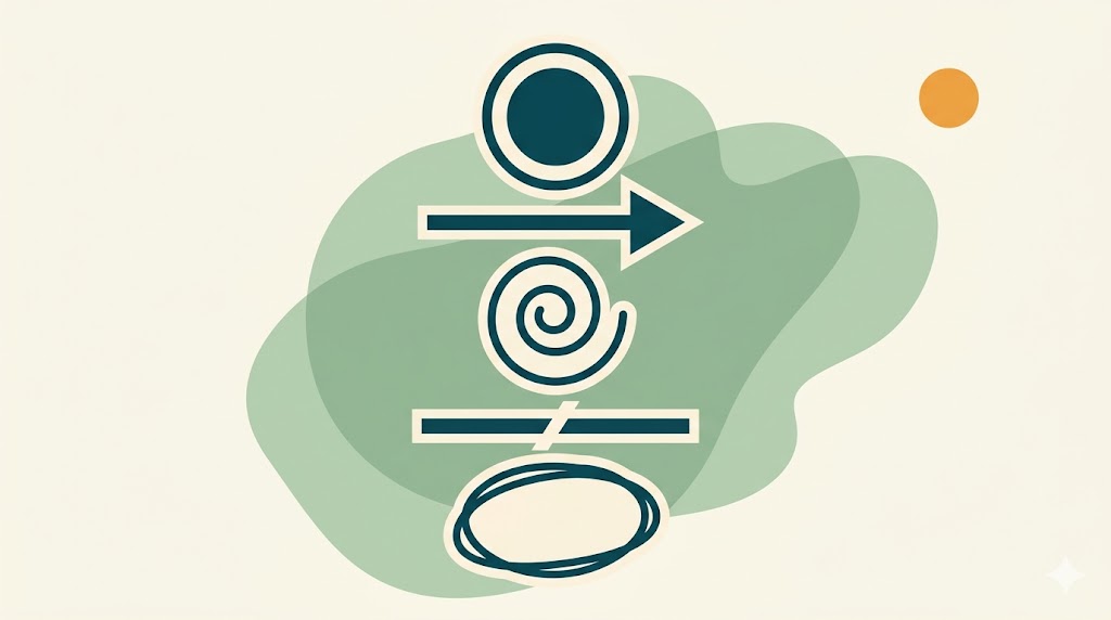 Five geometric shapes representing the key principles of intentional living, flat editorial illustration in teal and sage green