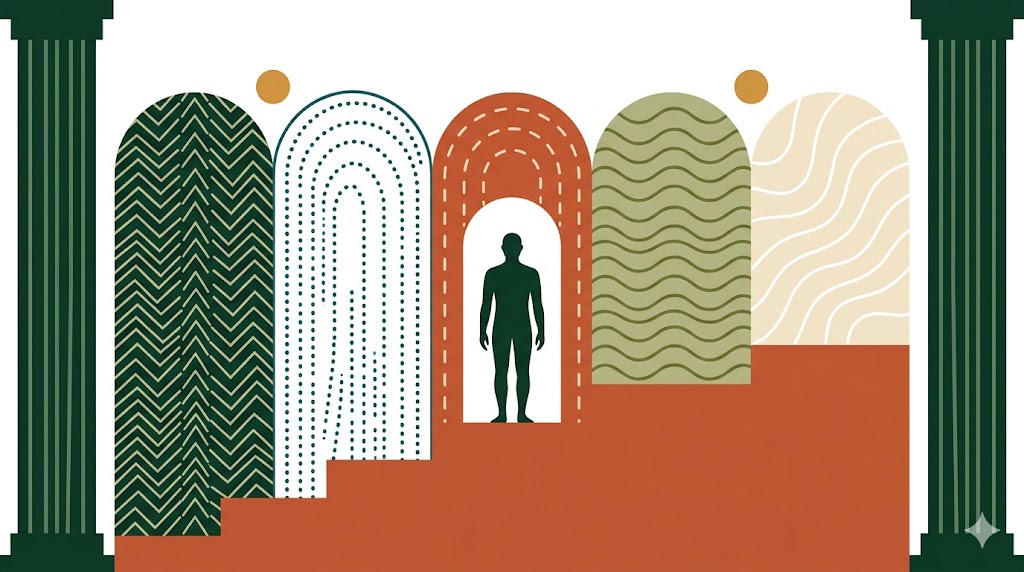 A flat geometric illustration visualizing the progression of compassionate communication. A green silhouette stands on a widening terracotta path through five arches, framed by tall green columns. The patterns in the arches transition from sharp zigzags on the left to soft, flowing curves on the right.